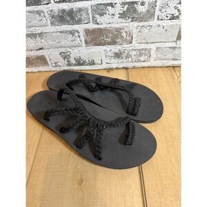 Plaka Braided Rope Sandals Womens 10 Black Flat Strappy Flip Flops